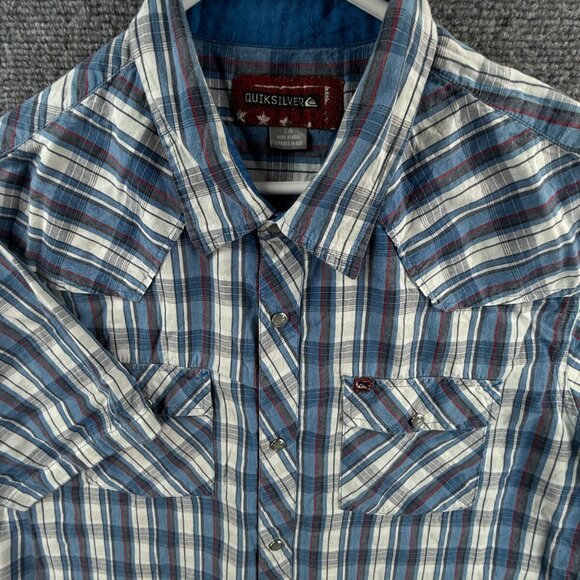 Quiksilver Pearl Snap Up Shirt Short Sleeve Men Skate Surf Plaid Blue Large - Picture 1 of 14